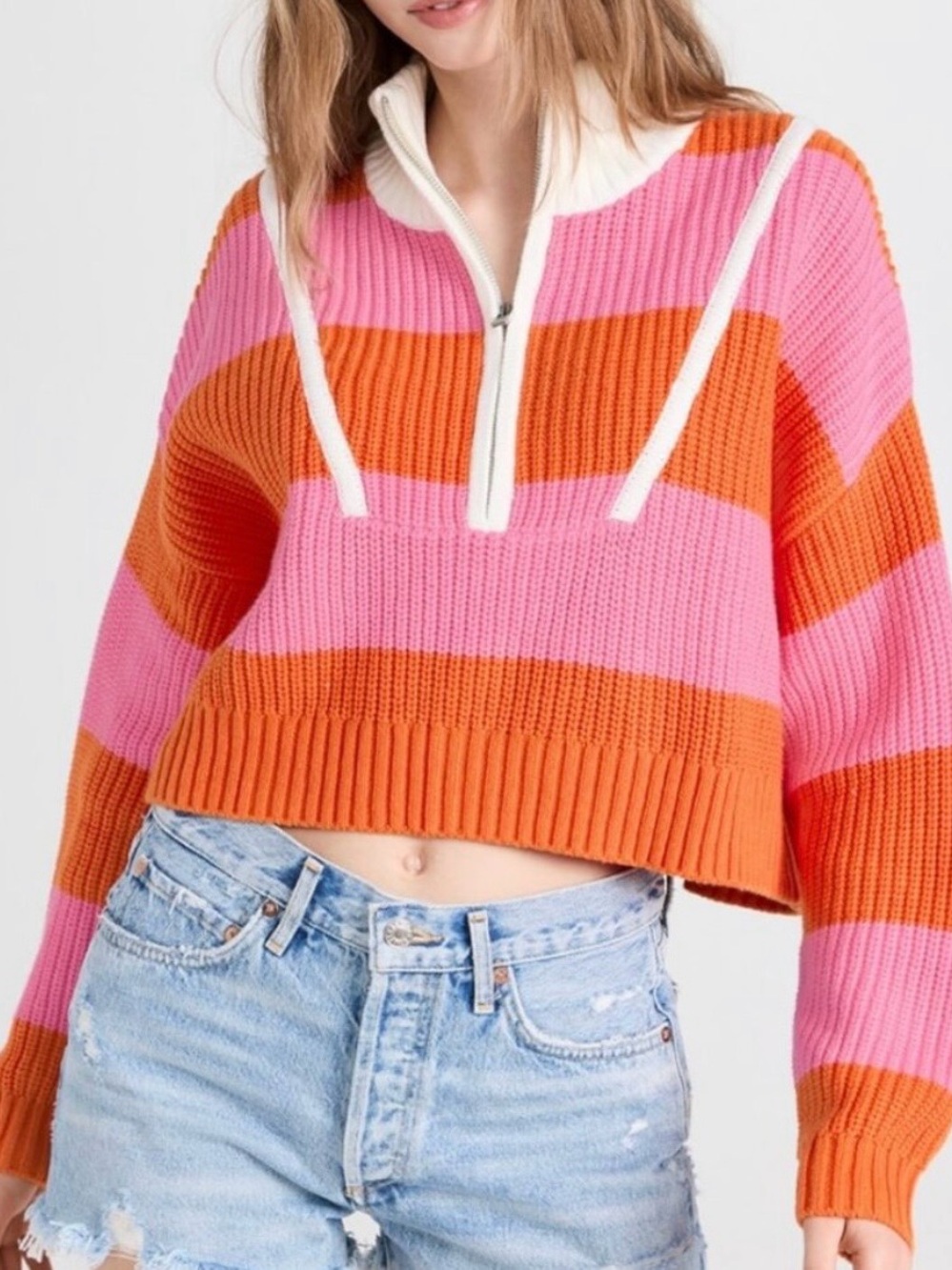 STAUD Pink & Orange Striped Cropped Zip Sweater